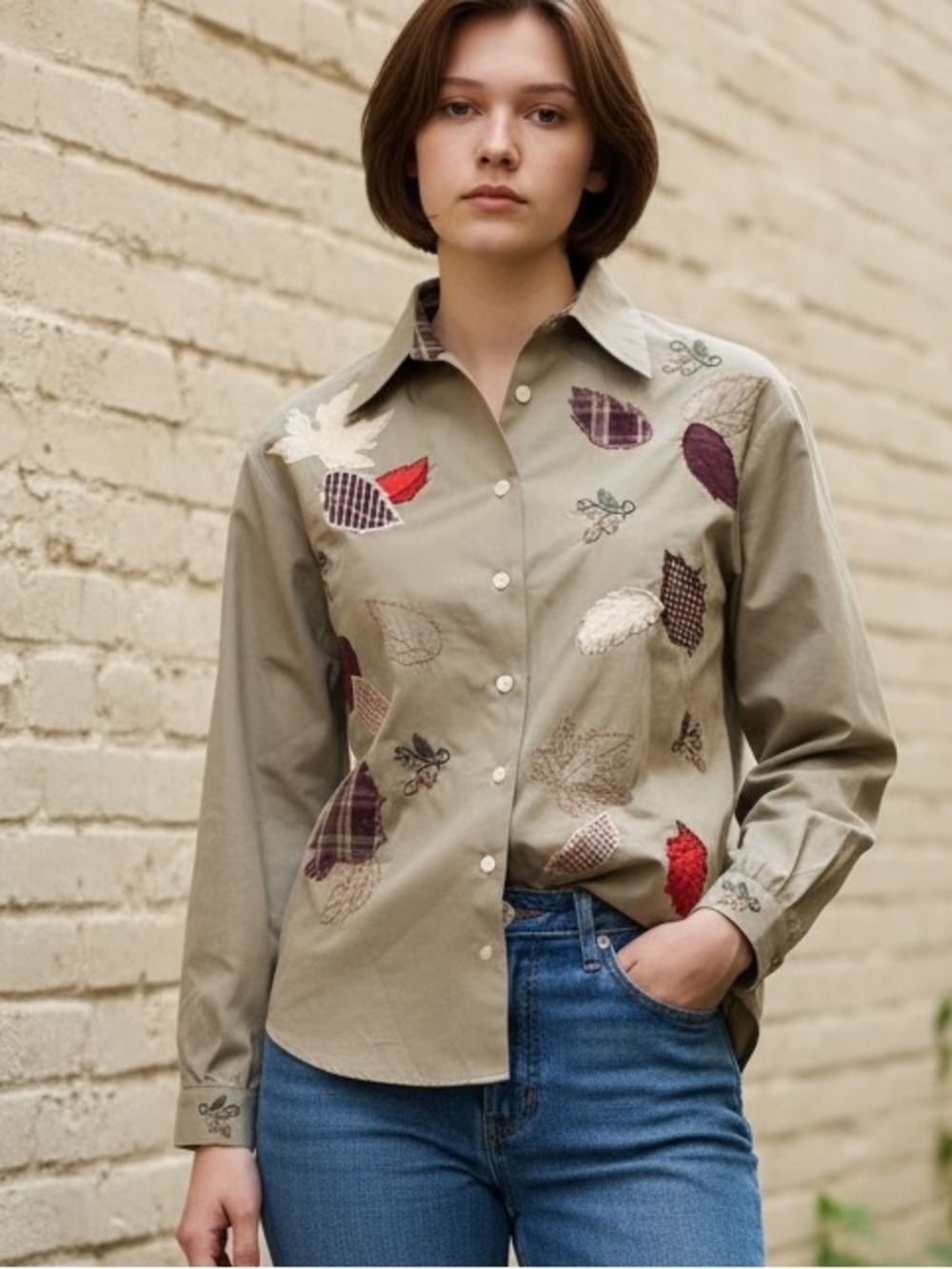 70s KAREN SCOTT TAUPE BLOUSE W PLAID ACCENTS W LEAF APPLIQUE & EMBROIDERED SZ S